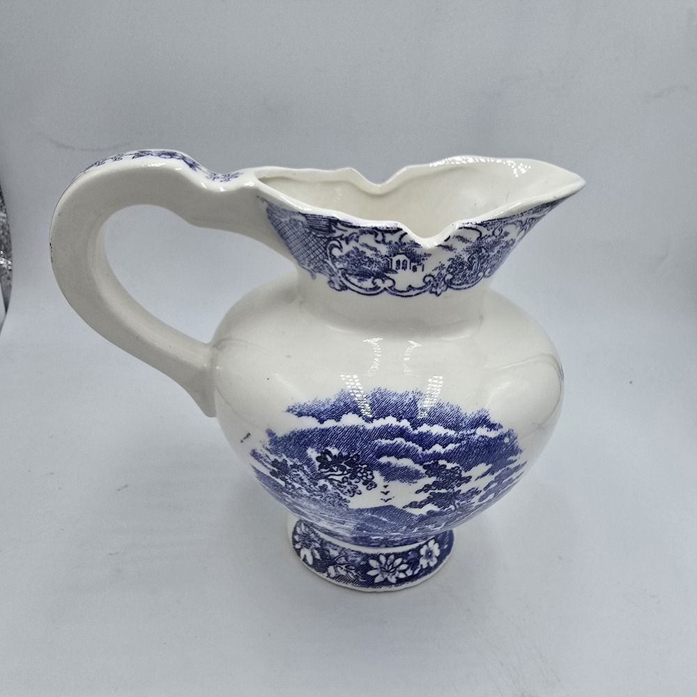 Artmark Japan Blue White‎ Ceramic Pitcher Transferware Asian Scene Landscape